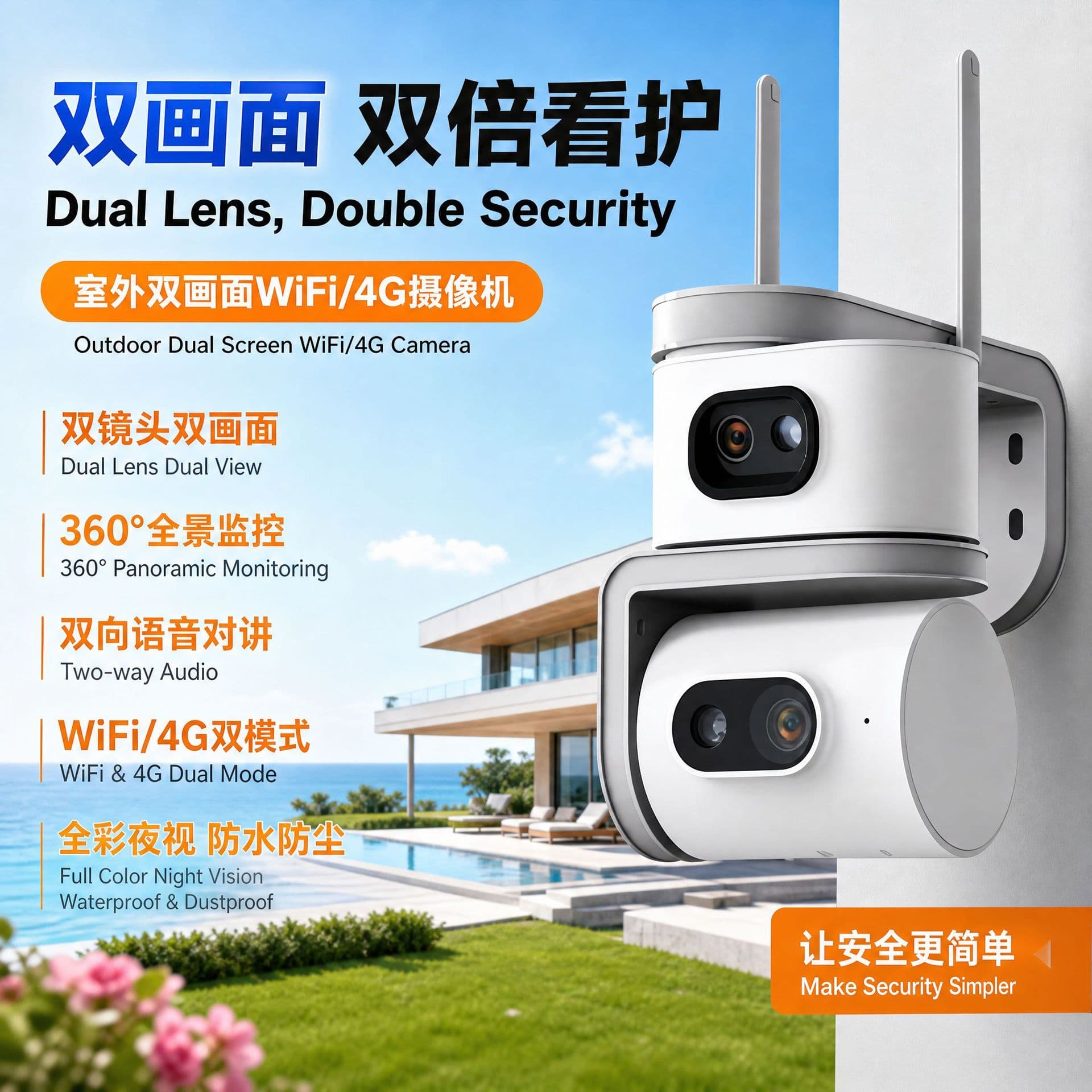 Dual screen surveillance camera outdoor waterproof surveillance wifi full color night vision 4G two-way voice intercom camera