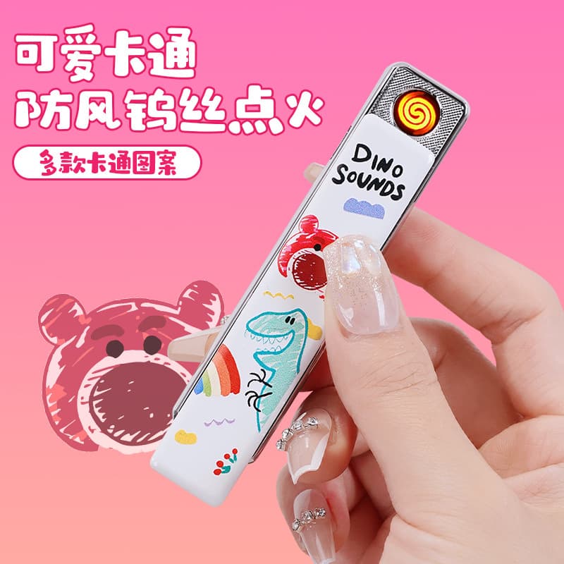USB rechargeable ultra-thin windproof electronic cigarette lighter, gift for boyfriend with cute cartoon strawberry bear design