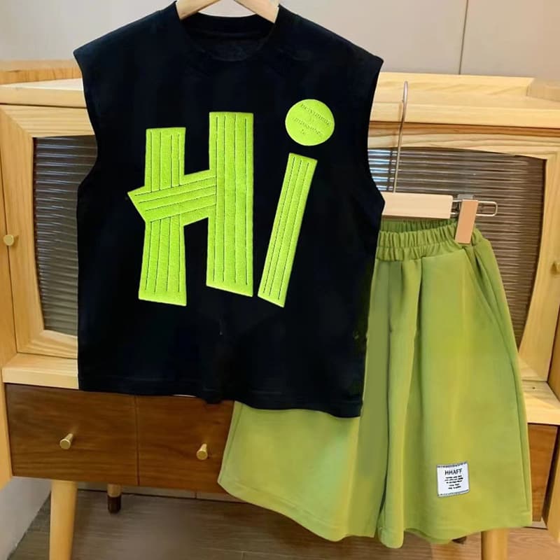 Kids Short Sleeve Set Summer Tank Top Two-Piece Set Boys Girls Stylish Korean Style Sporty Handsome Set for Older Kids