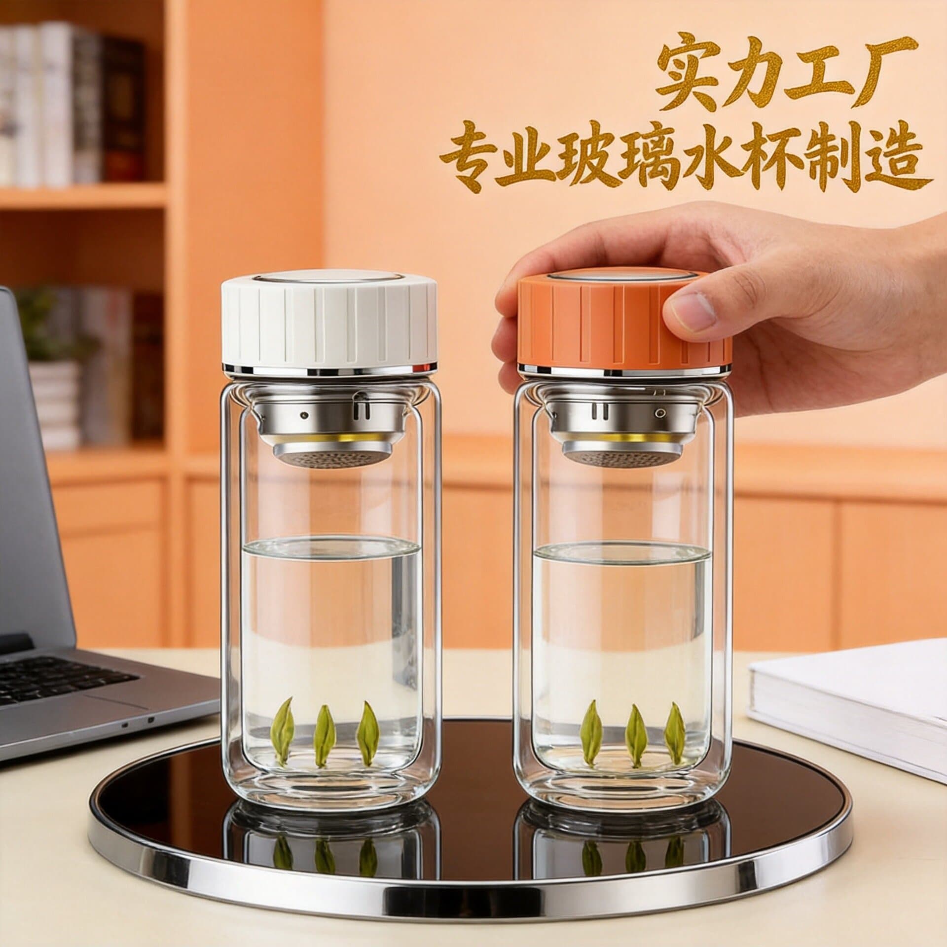 Double-Layer High Borosilicate Glass Cup, High Temperature Resistant, Office and Home Use, with Lid, Arc-Shaped Tea Cup with Tea-Water Separation