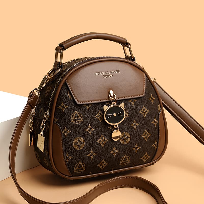 Vintage Genuine Leather Women's Handbag 2025 New Premium Small Round Bag Printed Middle-aged Mom Crossbody Bag
