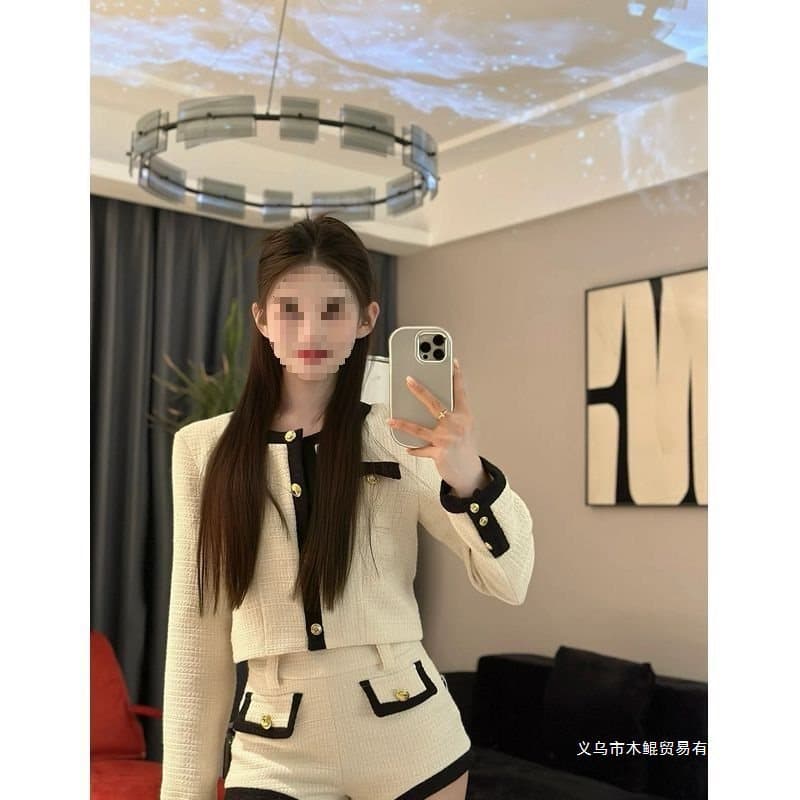 Socialite style set for women autumn/winter tweed little luxury look short coat top high-waist shorts two-piece set