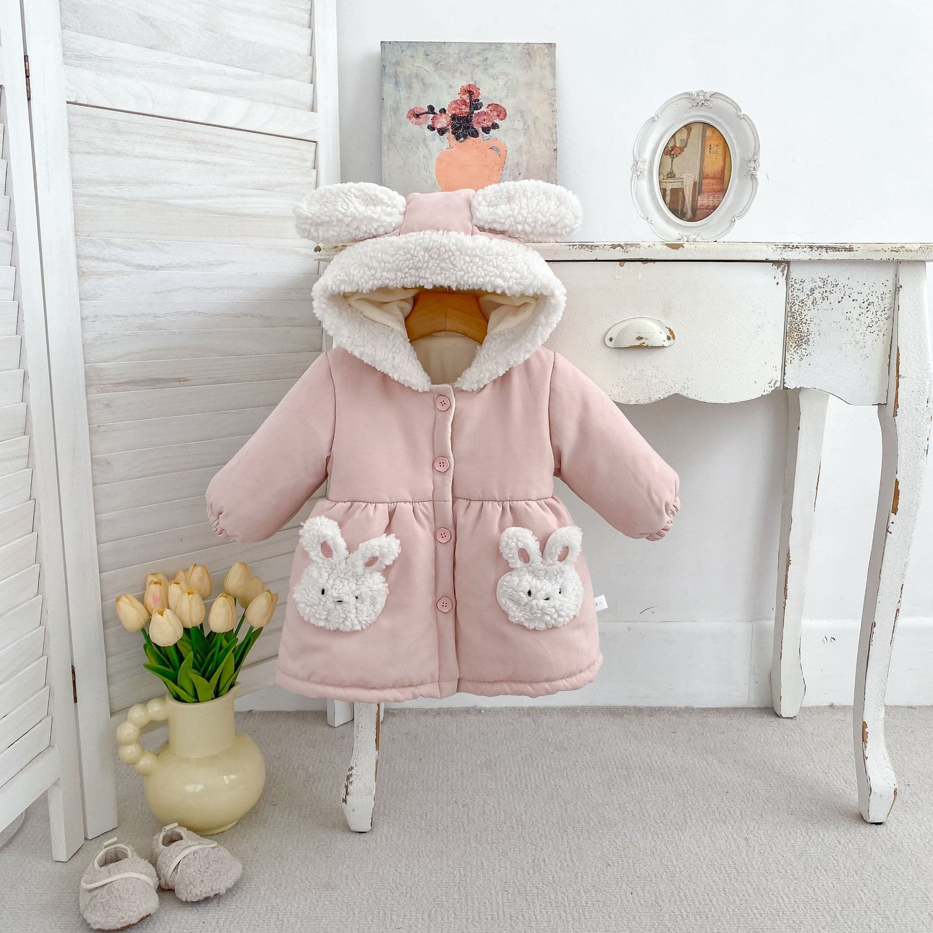Korean-style Baby Cotton-Padded Jacket with Fleece Lining, Cartoon Hooded Winter Mid-Length Coat for Girls, Outdoor Wear