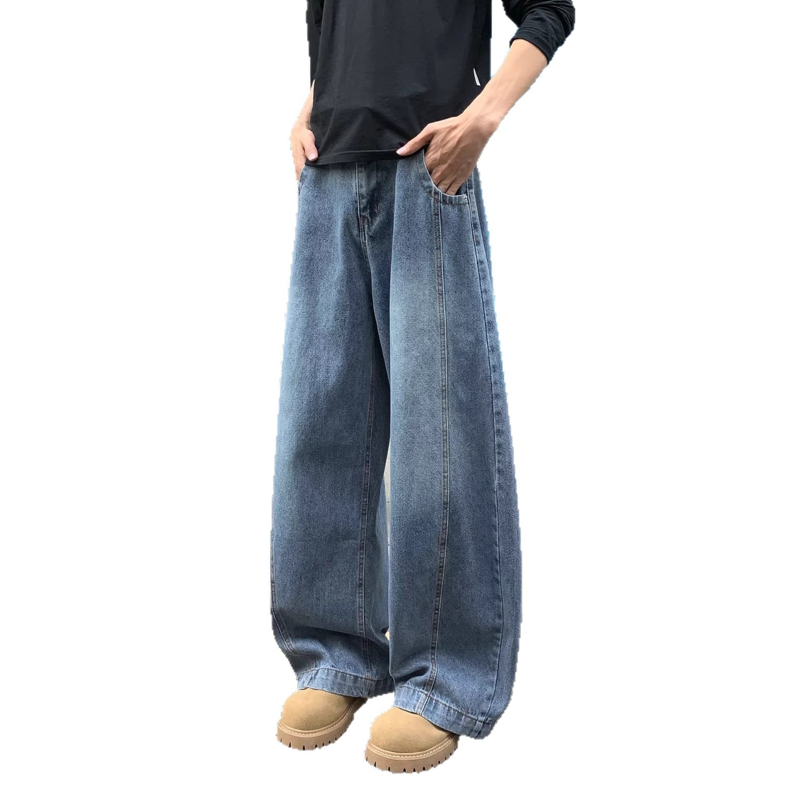Retro Blue American Curved Blade Jeans for Men Summer High-Street Vibe Washed Wide-Leg Casual Slightly Flared Straight-Leg Pants