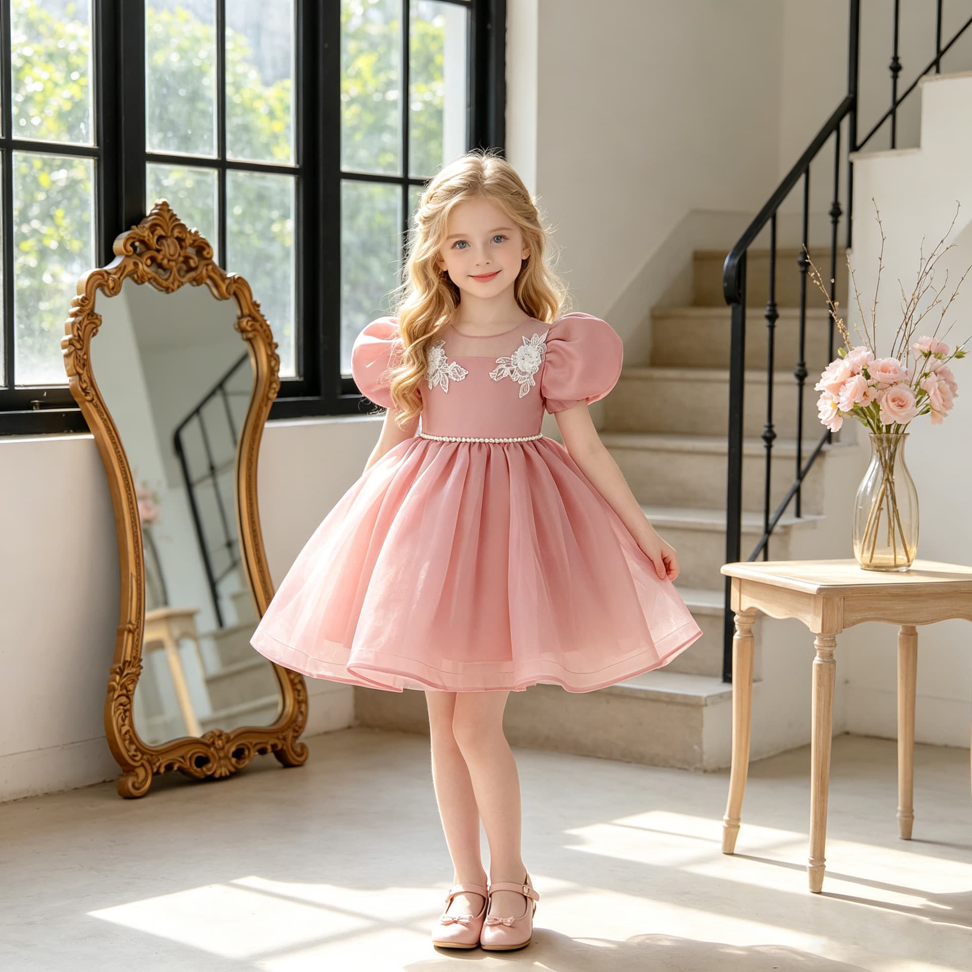 Cross-border Trade Little Girl Flower Girl Dress Puff Sleeve Tulle Tutu Dress Girl Formal Dress Short Formal Dress