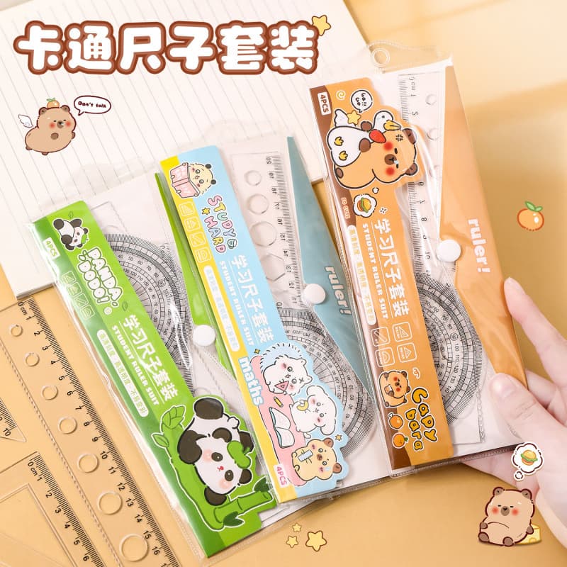 Capybara Ruler Set for Elementary Students Cute Cartoon Ruler Triangle Protractor 4-Piece Set
