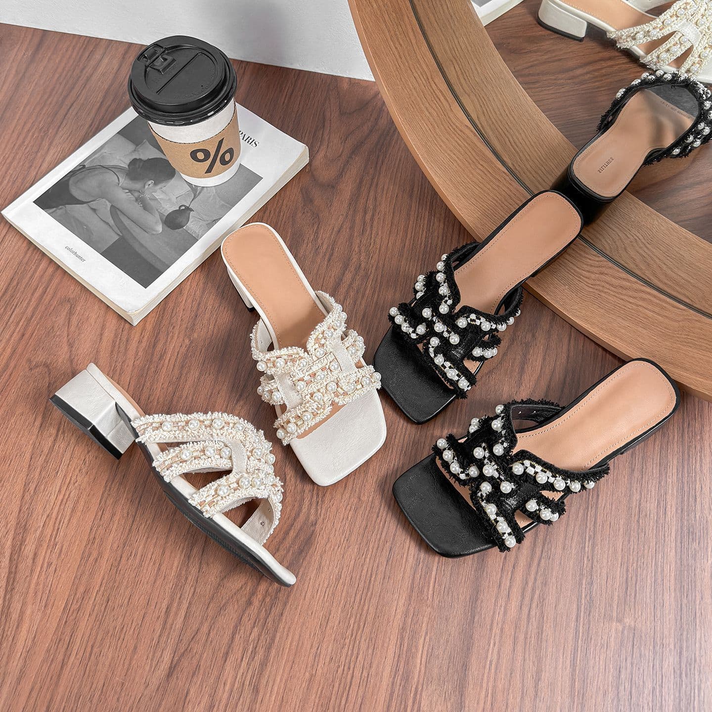 Chic Style~H-Slide ● 3.5cm Chunky Heel French Pearl One-Strap Sandals for Women, Open-Toe Beach Sandals