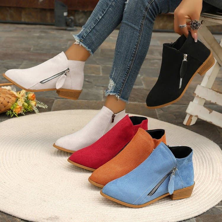 Independent Station Foreign Trade Women's Shoes New Thick Heel Large Size Women's Boots Suede Boots Low Heel Side Zipper Short Boots for Women