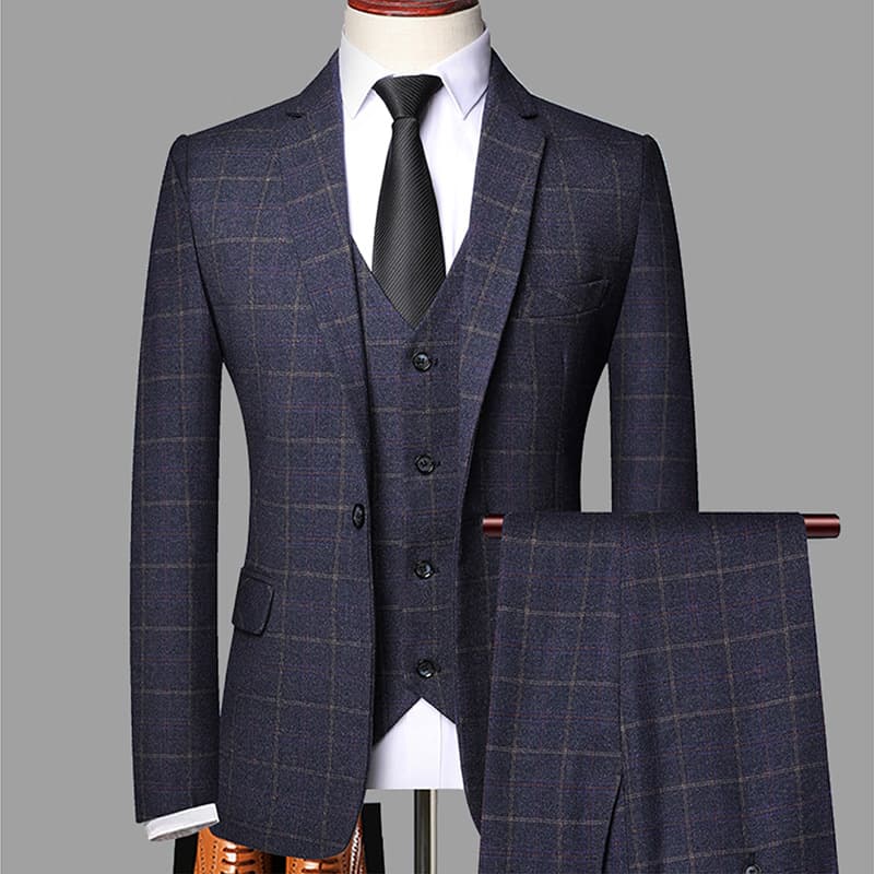 Men's Three-Piece Slim Fit Plaid Suit, Casual Korean Style Groom Suit