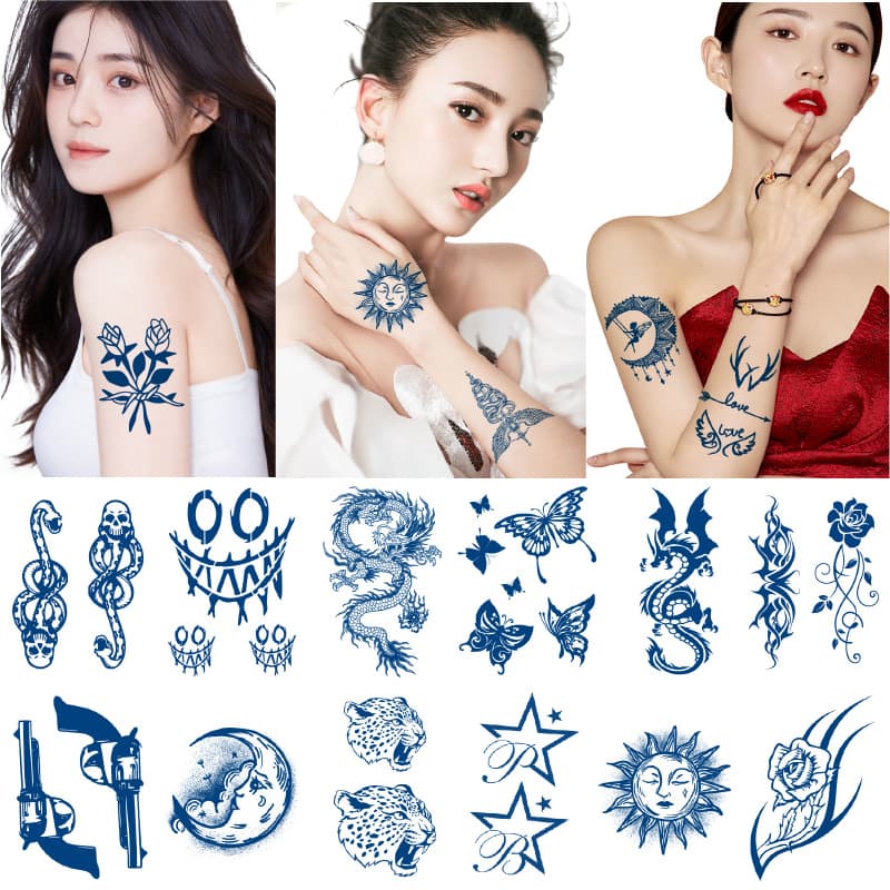 New Juice Tattoo Sticker Small Design for Collarbone, Fingers, Back of Hand, Tiger Mouth Area - Ink Blue Realistic Herbal Juice Tattoo, In Stock