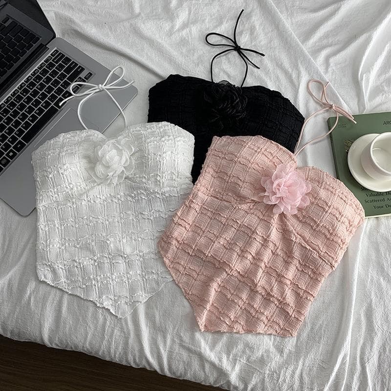 3D Floral Halter Cami Top for Women Summer Sexy Irregular Strapless Short Top Korean Lace