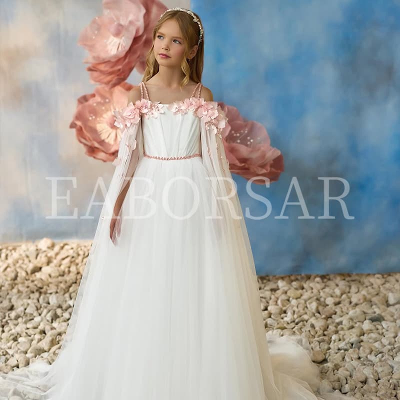 Children's dress European and American style white mesh long skirt model catwalk flower girl performance costume Amazon AliExpress new product