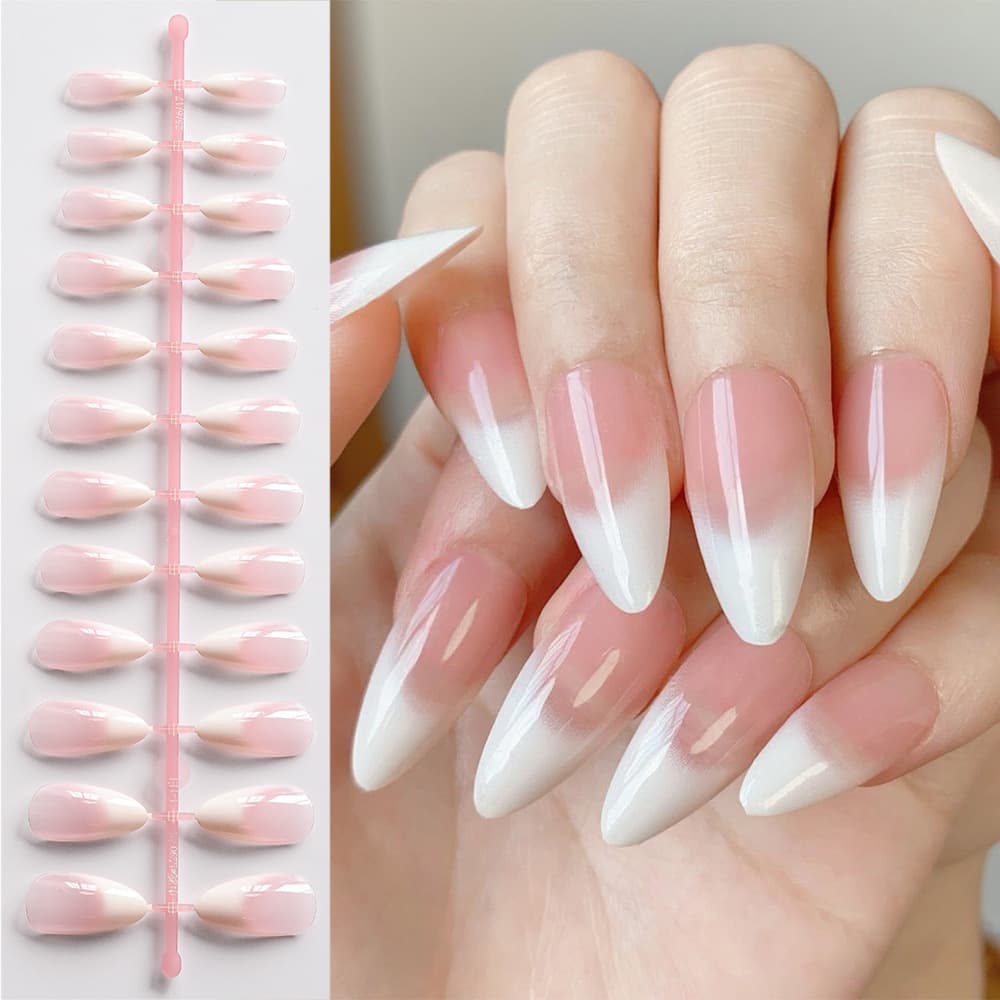Popular 120-Piece Pink Wearable Nails, French Gradient Almond-Shaped Nails, Removable Glossy Fake Nails, Wholesale Nail Art