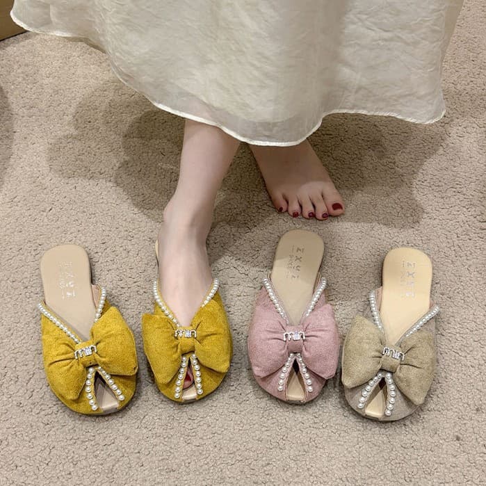 Baotou Half Slippers Women Summer Outdoor 2026 New Style Versatile Flat Vacation Pearl Bow Open-Toe Sandals