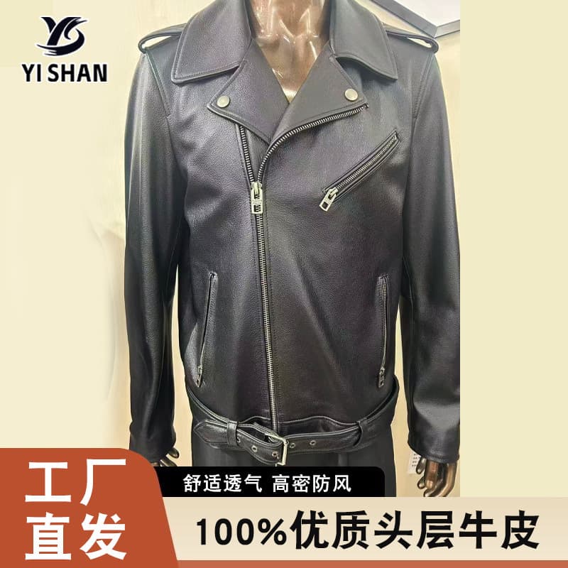 Amazon's new European and American cross-border men's clothing distressed cowhide fur all-in-one motorcycle style long jacket