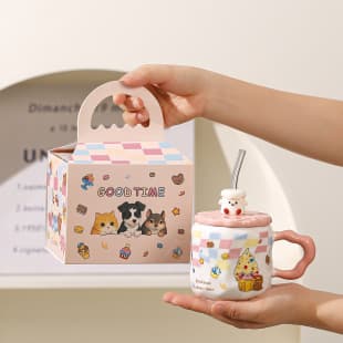 Creative Ceramic Cup Cute Ice Cream Straw Cup High Appearance Mug Holiday Gift Coffee Cup with Print