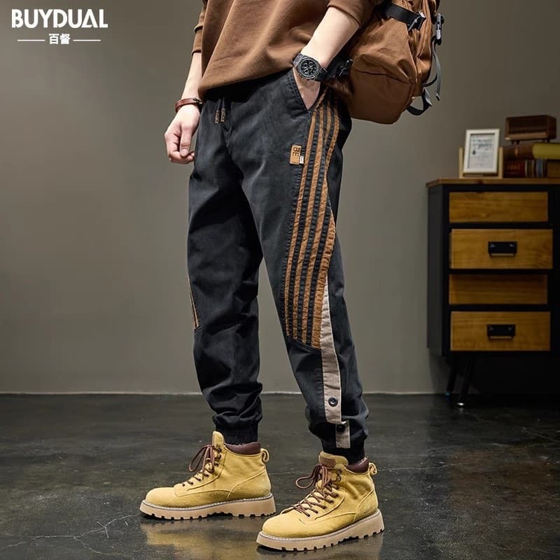 American Stripe Patchwork Casual Pants Men's Streetwear Cargo Pants Autumn Loose Drawstring Long Pants Men's Casual Trousers