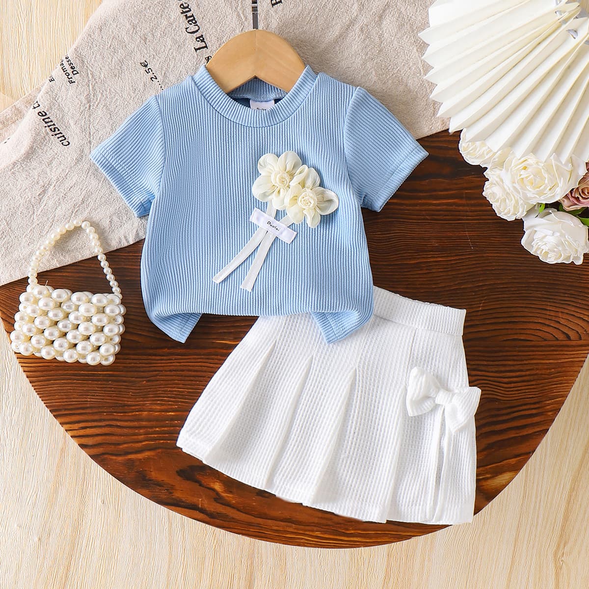 Girls Blue Short Sleeve Gentle Skirted Shorts T-Shirt Elegant Hot-Selling Kids Clothing Set White European American Style Temperament Summer Cotton