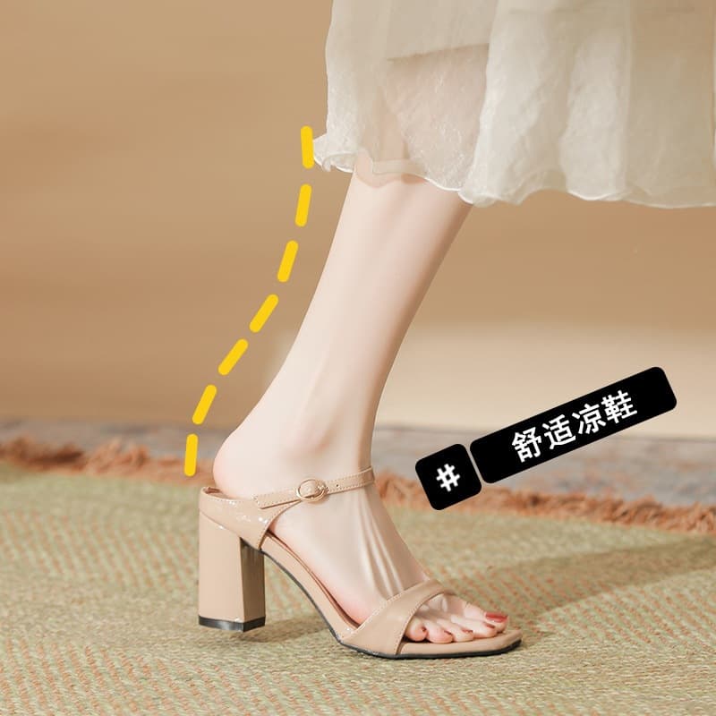 YB-F1 Square Toe High Heel Sandals for Women, Small Size 30, Chunky Heel Comfort Slippers, Large Size Extra Wide Women's Shoes 43 45