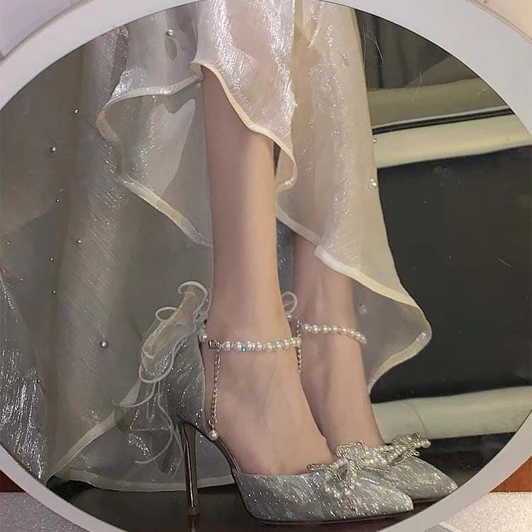 Bridal Shoes 2023 New Summer Style, Dual-Purpose for Xiuhe Wedding Dress and Main Wedding Gown, Princess Silver Crystal High Heels