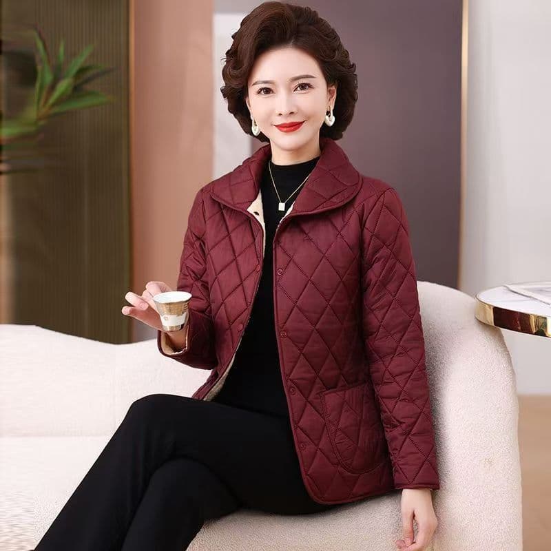 Thickened warm cotton-padded coat for women with doll collar, nylon fabric, long sleeves, new winter style, diamond pattern, fleece lining, maternity cotton.