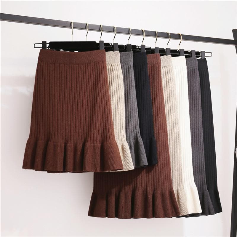 Thickened knitted skirt, short, autumn and winter, mid-length, slimming, new ruffled one-step fishtail hip skirt