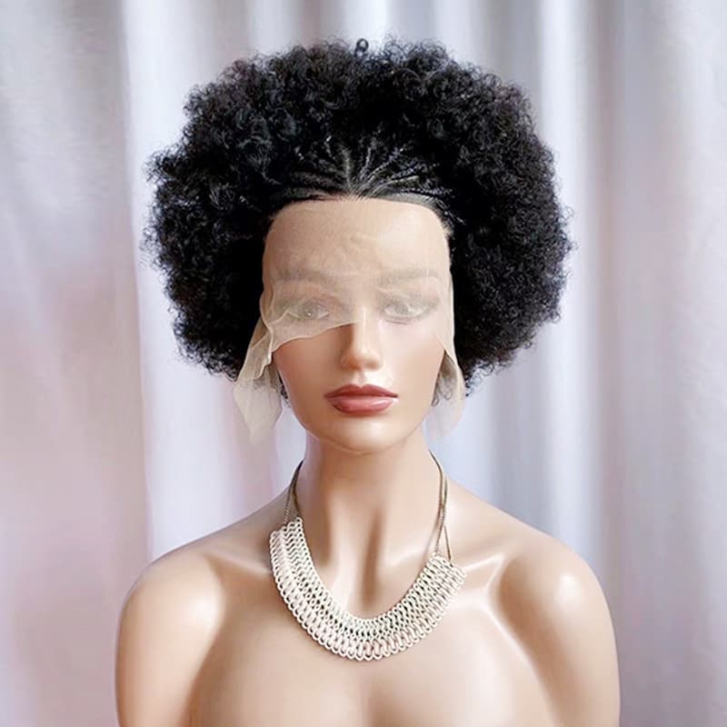 European and American Full Head Human Hair Wig with Hand-Tied Front and Small Braids, Afro Style