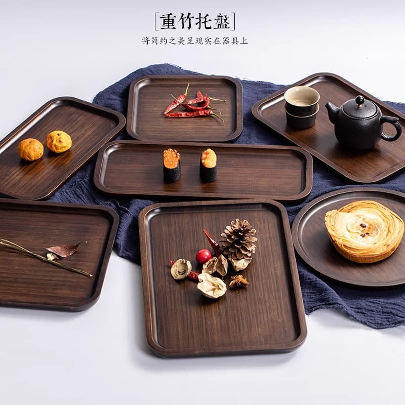 Walnut color bamboo wooden tea cup tray commercial dish plate household rectangular breakfast plate cake dessert round bamboo plate