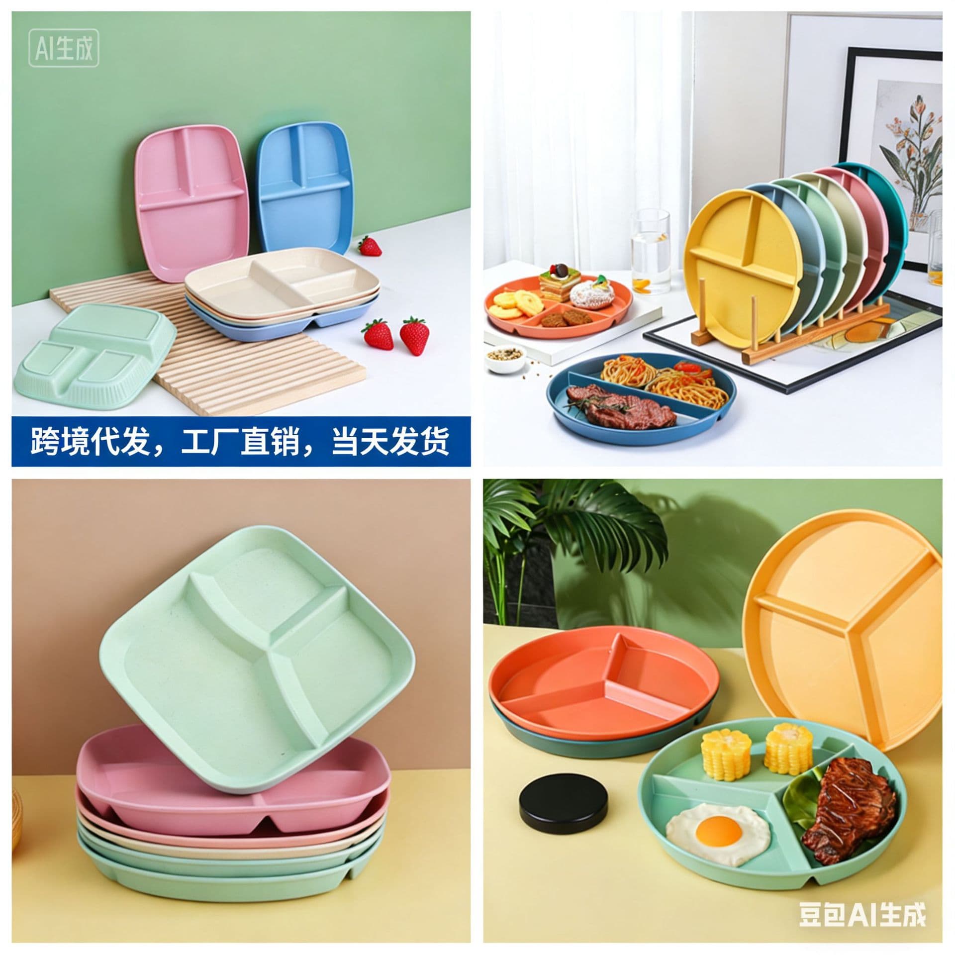 Cross-border wheat straw compartmentalized dinner plate, fat-reduced dinner plate, quantitative compartmentalized fruit plate, light snack breakfast plate, direct sales and delivery