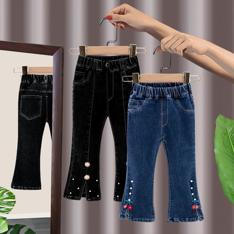 25 Fashionable Slim Fit Pants Children's Jeans Girls' Bell-Bottom Pants Baby Pearl Casual Long Pants for Kids Trendy
