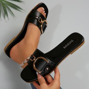 Cross-border Trade Women's Shoes Wholesale Stock Fashion Slippers Classic Versatile Solid Color Metal Decoration Square Toe Flat Sandals