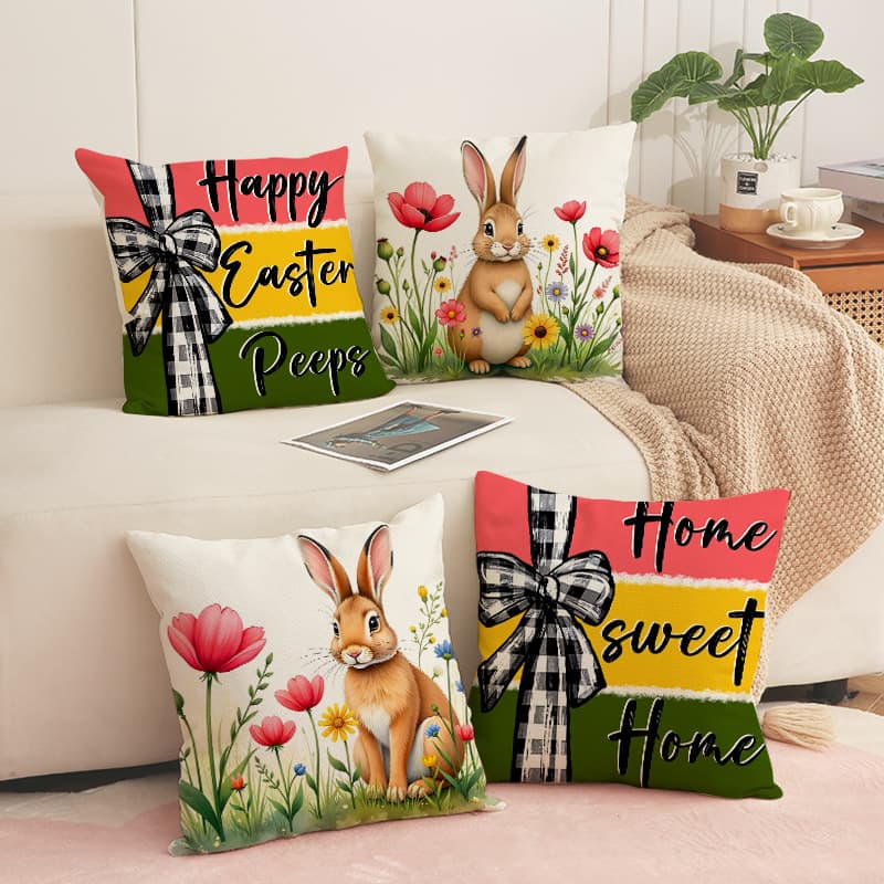 TEMU New Easter Pillow Cover Cute Pet Rabbit Set Pillow Cover Polyester Print Living Room Decoration Sofa Cushion