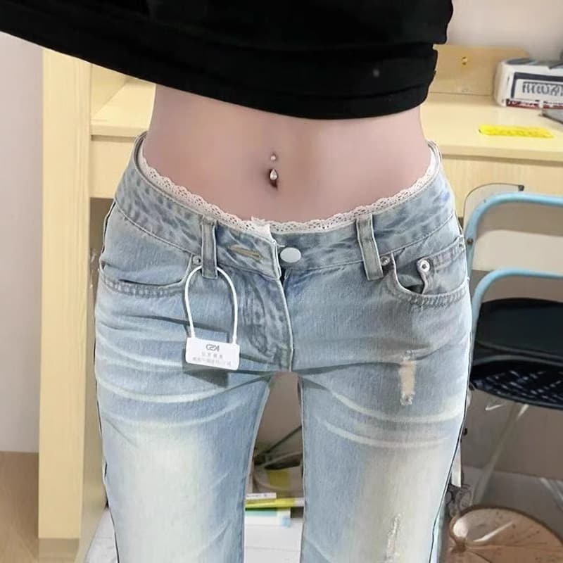 Light-colored frayed micro-flare jeans for women 2026 summer new low-waist stretch slim fit slim micro-flared horseshoe pants