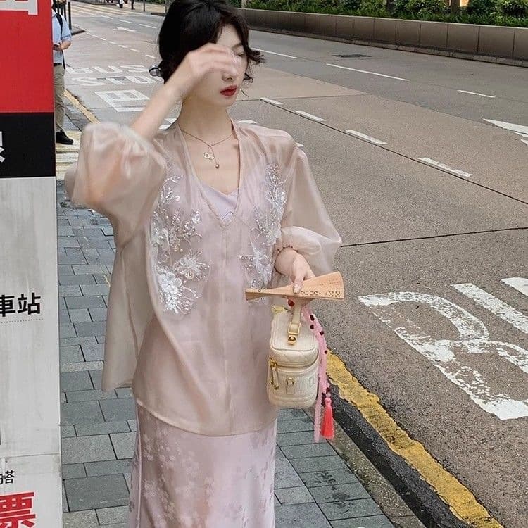 Fir Mint New Chinese Style Sling Dress Set Skirt Zen Sunscreen Sheer Top Sling Dress Women's Summer Outfit