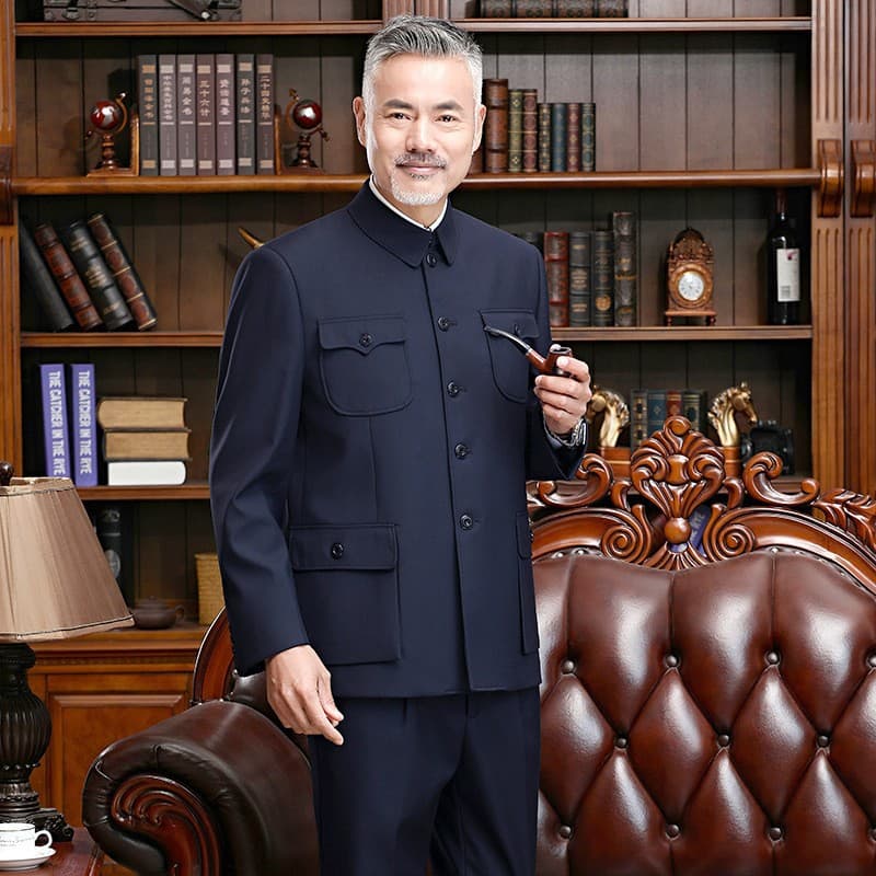 Middle-aged and Elderly Men's Spring and Autumn Zhongshan Suit Set, Chinese Style Zhongshan Suit Fleece-Lined and Thickened, High-end Performance Tang Suit