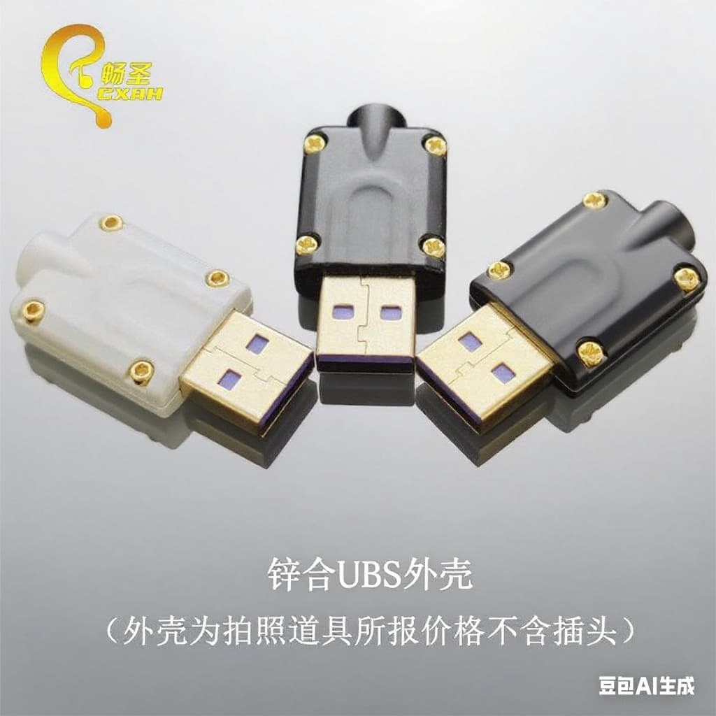 Changsheng USB male connector with all-metal casing and gold-plated screws, suitable for data cables and fast charging cables with all-metal casing.