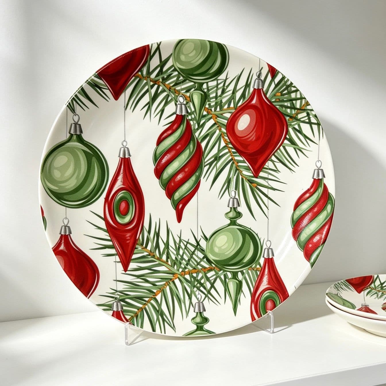 Christmas themed ceramic plate with red and green decorations, pine branch pattern flat plate, home hotel restaurant festive atmosphere tableware