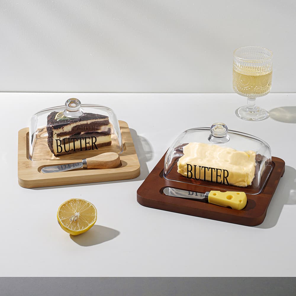 Cross-border hot-selling butter box with glass lid and knife, cheese butter cheesecake dessert display stand wholesale