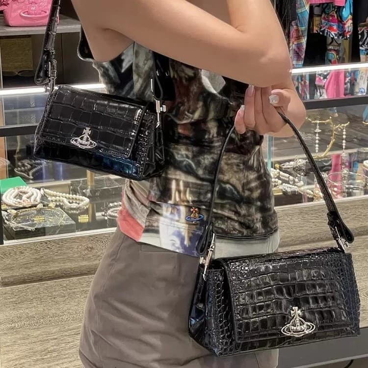 Guangzhou High Version West Queen Crocodile Texture Underarm Bag Saturn Classic Patent Leather Shiny Handbag Shoulder Crossbody Bag