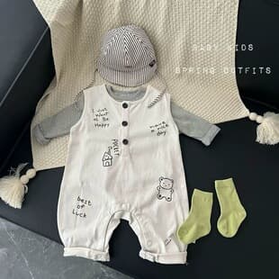 Cute Graffiti Cartoon Sleeveless Jumpsuit + Gray Cartoon T-Shirt Other Long Sleeve Domestic First and Second Tier Brands with Tags