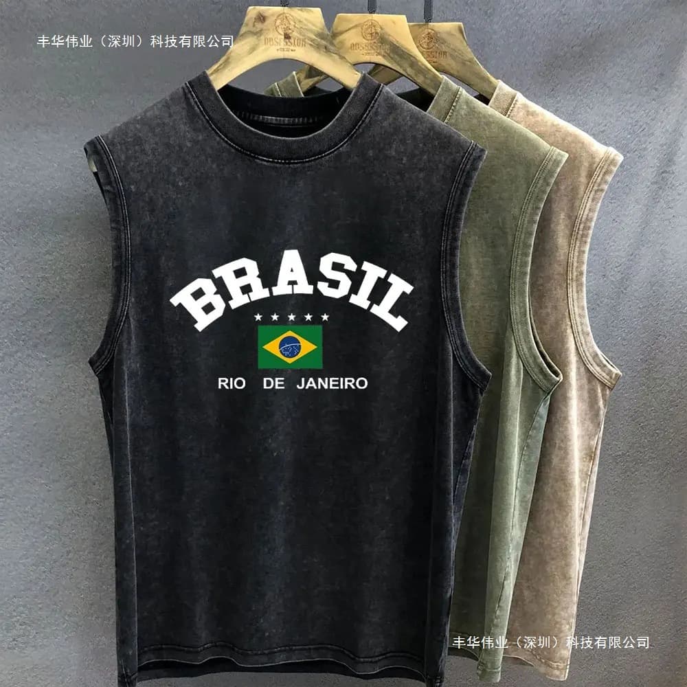Men's T-Shirt Retro Washed Brazilian Pattern Printed Vest Sleeveless Vest Women's Gym Y2K Clothing Street Clothing