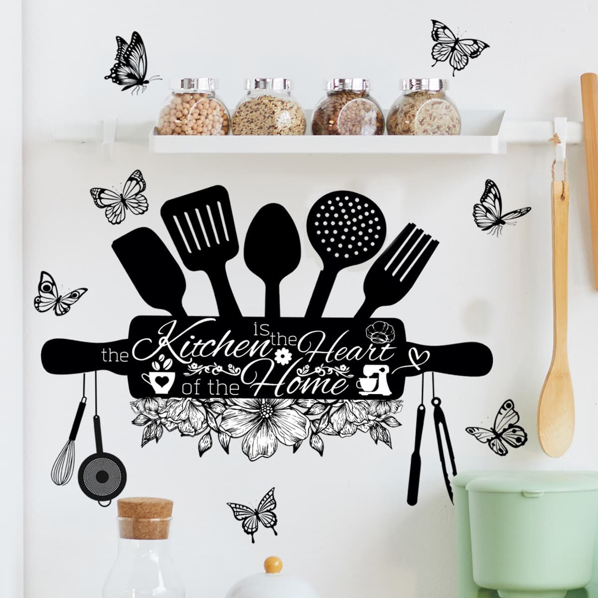 MS4406-ZC Creative English Black and Colorful Knife Fork Butterfly Kitchen Sticker Fridge Magnet Home Decorative Wall Sticker