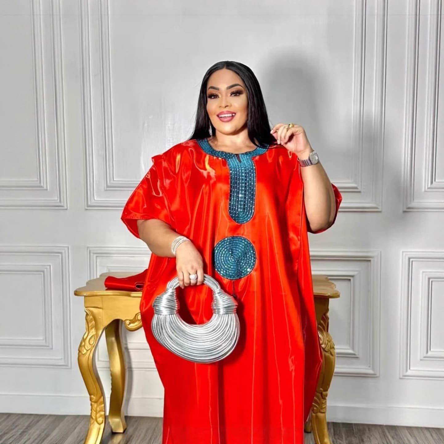 TikTok 2025 Europe, America, Africa embroidered sequin solid color loose robe with headscarf, plus size women's dress