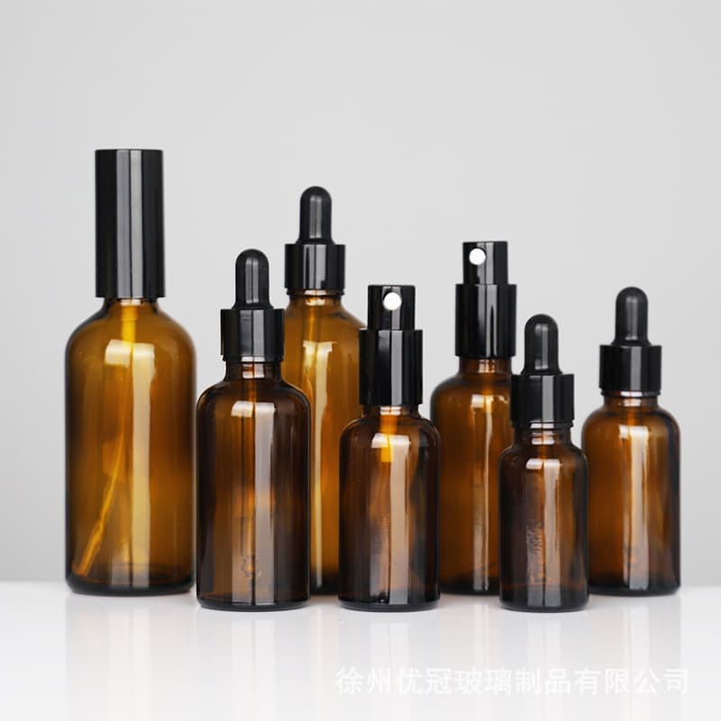 Wholesale 30ml amber glass essential oil bottles with rubber dropper caps, cosmetic dispensing bottles, spray bottles, pump lotion bottles