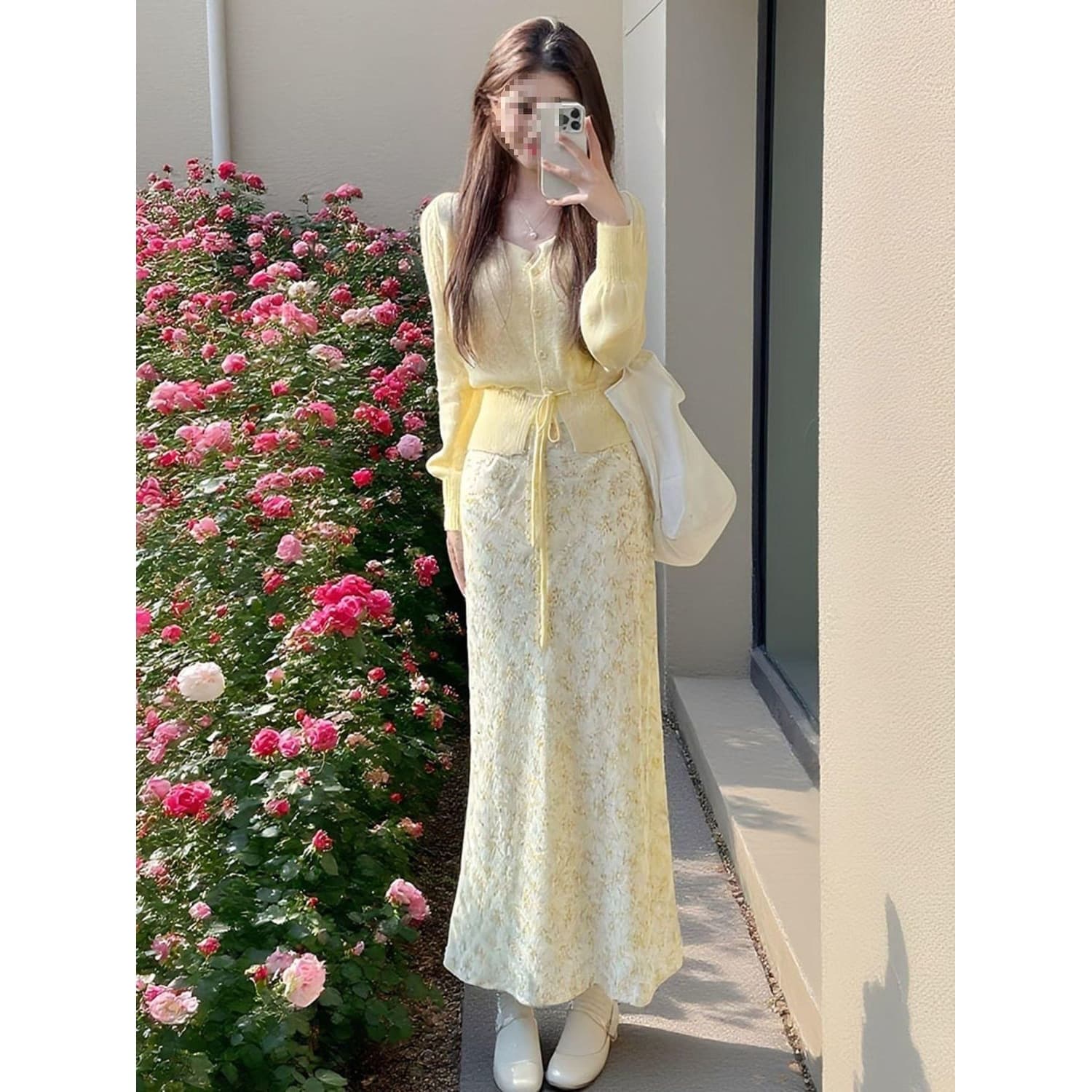 Xiaoqi Trendy Outfit Set - Unique and Stunning Yellow Knit Top with Floral Skirt Set for Women Spring