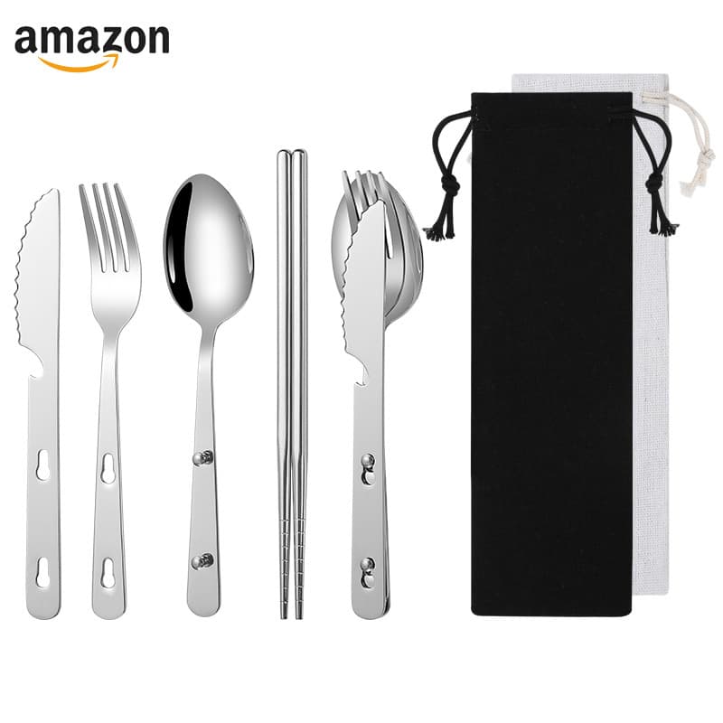 Stainless Steel Outdoor Travel Portable Cutlery Set with Storage Bag Knife Fork Spoon Chopsticks Three Piece Set Silver Color