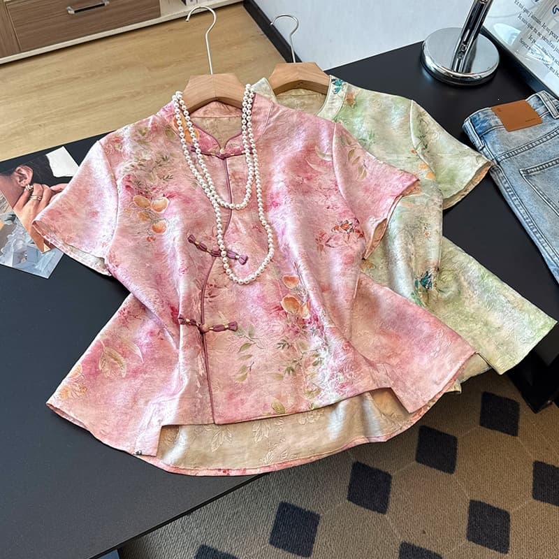 New Chinese Style Enhanced Thin Stand Collar Heavy Embroidery Jacquard Retro Hanfu Ethnic Short Sleeve Top
