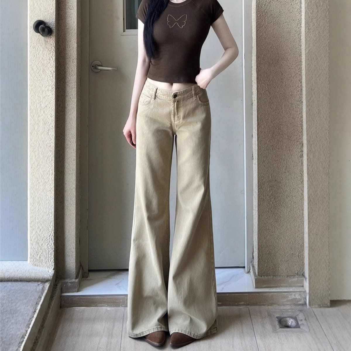 American Retro Flared Jeans for Women, Flowing Loose Fit, Low Waist, Slimming, Non-Tight Leg, Straight-Flared Versatile Jeans