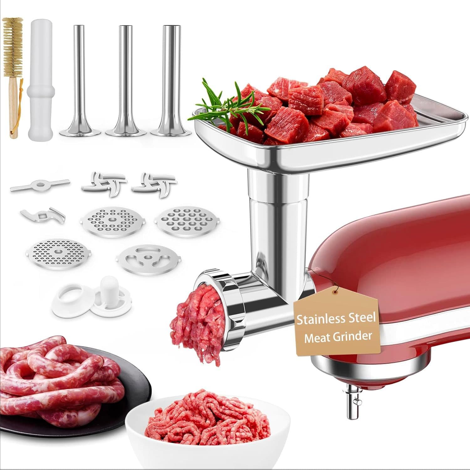 Stainless Steel Food Grinder Attachment for KitchenAid Stand Mixer with Sausage Stuffing Tube