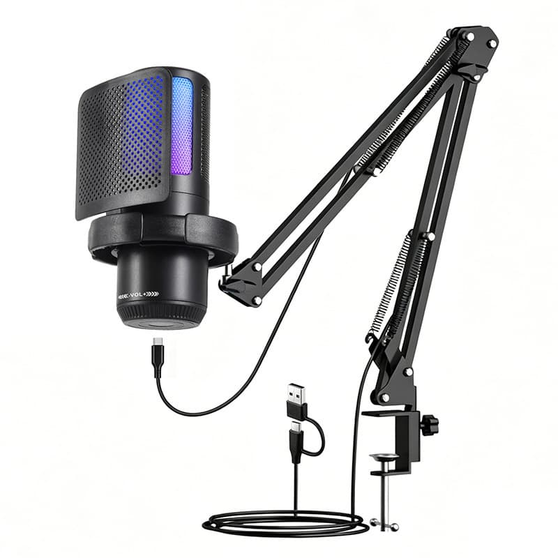 USB condenser microphone RGB colorful light computer karaoke game recording mobile phone live broadcast cross-border microphone cantilever support